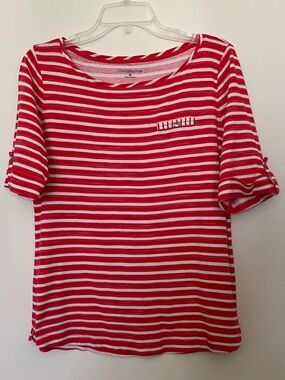 Croft and Barrow Women’s Red/White Striped Top Tab Button Short Sleeves M